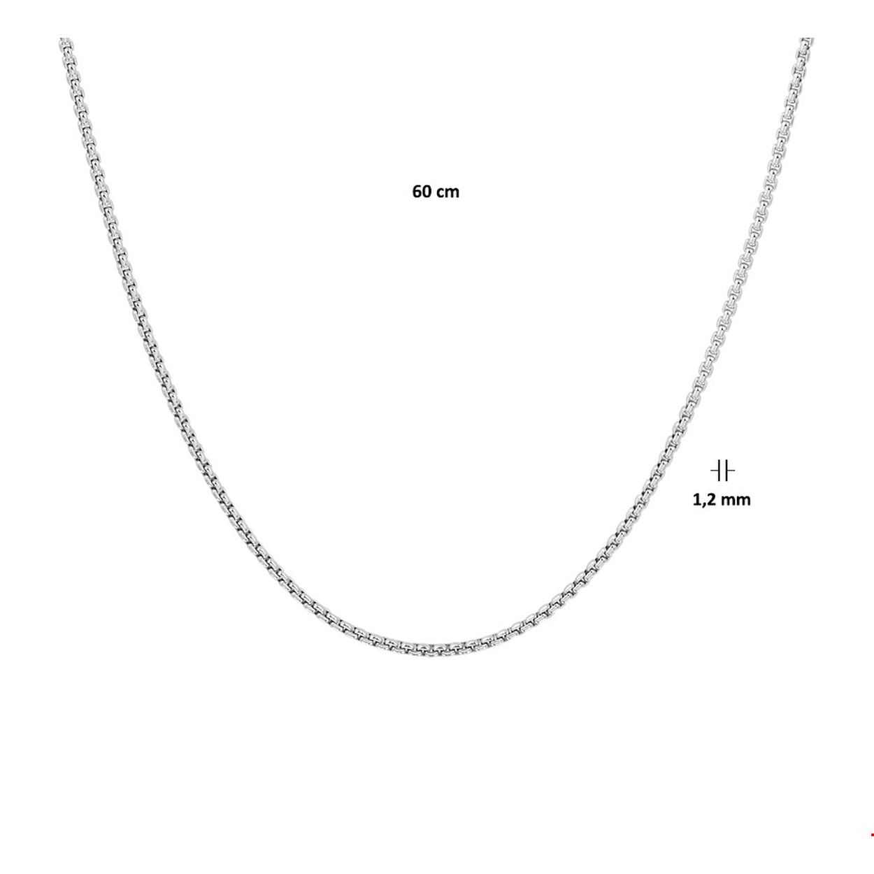 Beschrijving: Gerhodineerd zilveren collier met een venetiaanse schakel van 1.2mm. Het collier heeft een draaglengte van 60cm en is uitgevoerd met een stevige karabijn sluiting. Info: Gerhodineerd zilver is door de rhodiumlaag beter bestand tegen verkleuren en krassen.