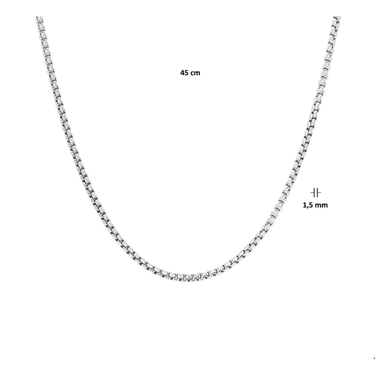 Gerhodineerd zilveren collier met een venetiaanse schakel van 1.5mm. Het collier heeft een draaglengte van 45cm en is uitgevoerd met een stevige karabijn sluiting.
