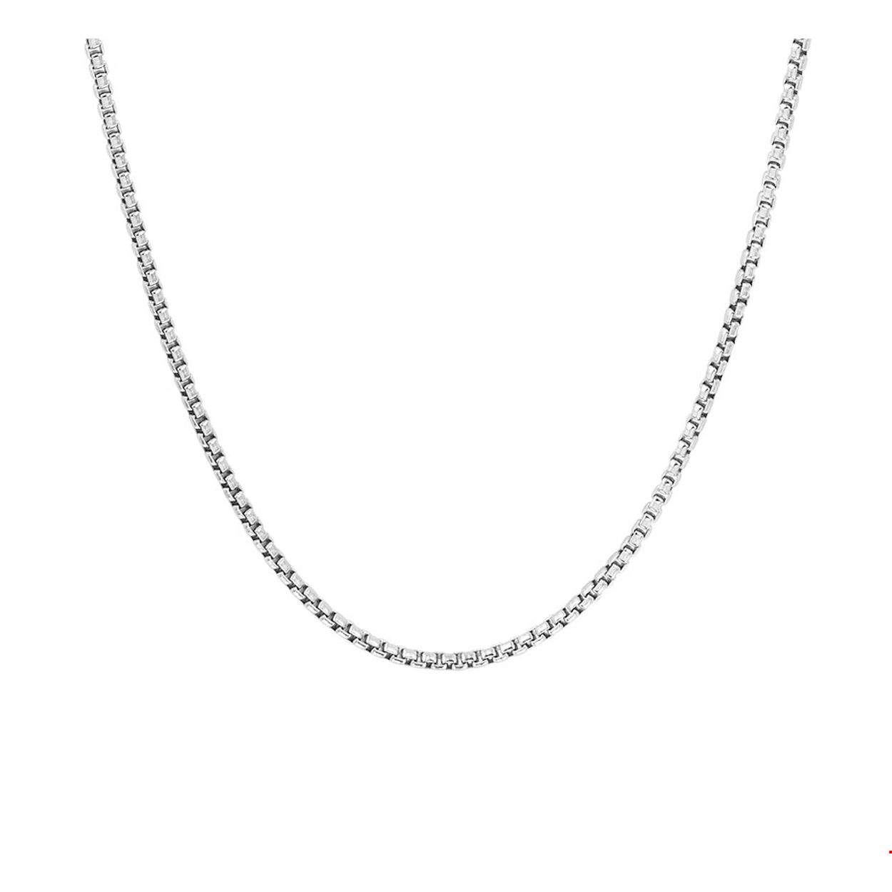 Beschrijving: Gerhodineerd zilveren collier met een venetiaanse schakel van 1.5mm. Het collier heeft een draaglengte van 42cm en is uitgevoerd met een stevige karabijn sluiting. Info: Gerhodineerd zilver is door de rhodiumlaag beter bestand tegen verkleuren en krassen.