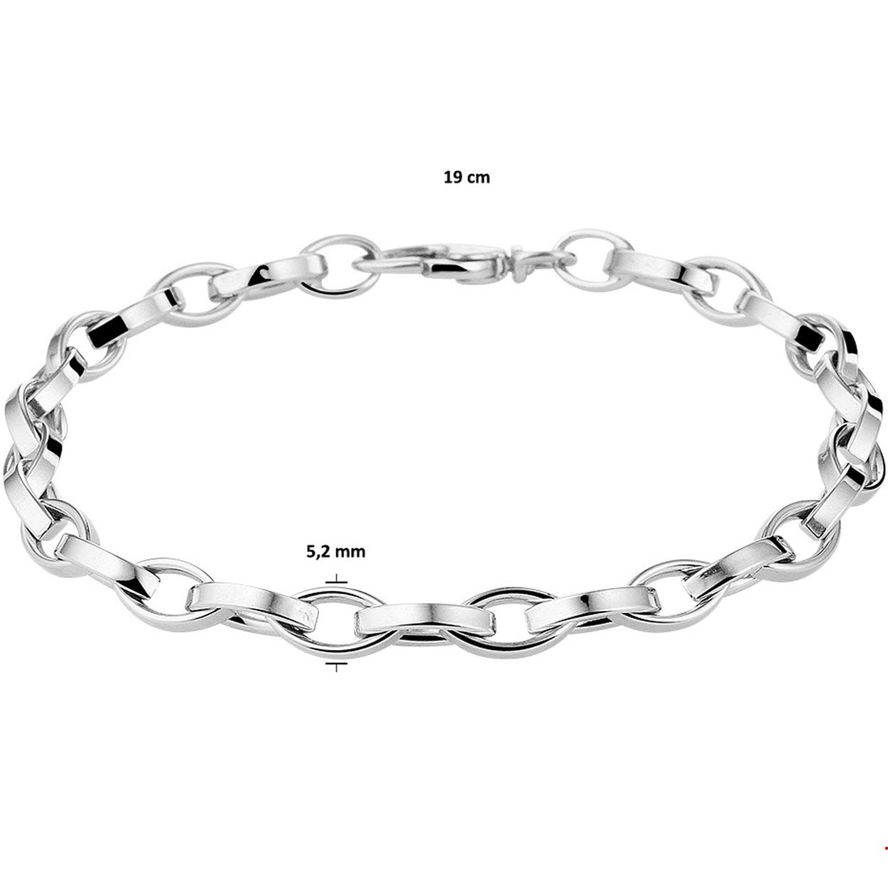 Zilveren armband uitgevoerd met een anker schakel van 5.2mm en een stevige karabijn sluiting. De armband heeft een draaglengte van 19cm. Info: Gerhodineerd zilver is door de rhodiumlaag beter bestand tegen verkleuren en krassen.
