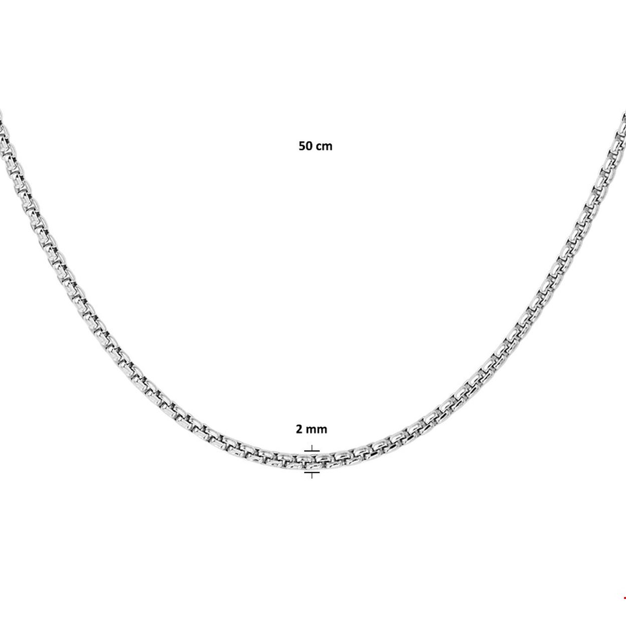 Beschrijving: Gerhodineerd zilveren collier met een venetiaanse schakel van 2mm. Het collier heeft een draaglengte van 50cm en is uitgevoerd met een stevige karabijn sluiting. Info: Gerhodineerd zilver is door de rhodiumlaag beter bestand tegen verkleuren en krassen.