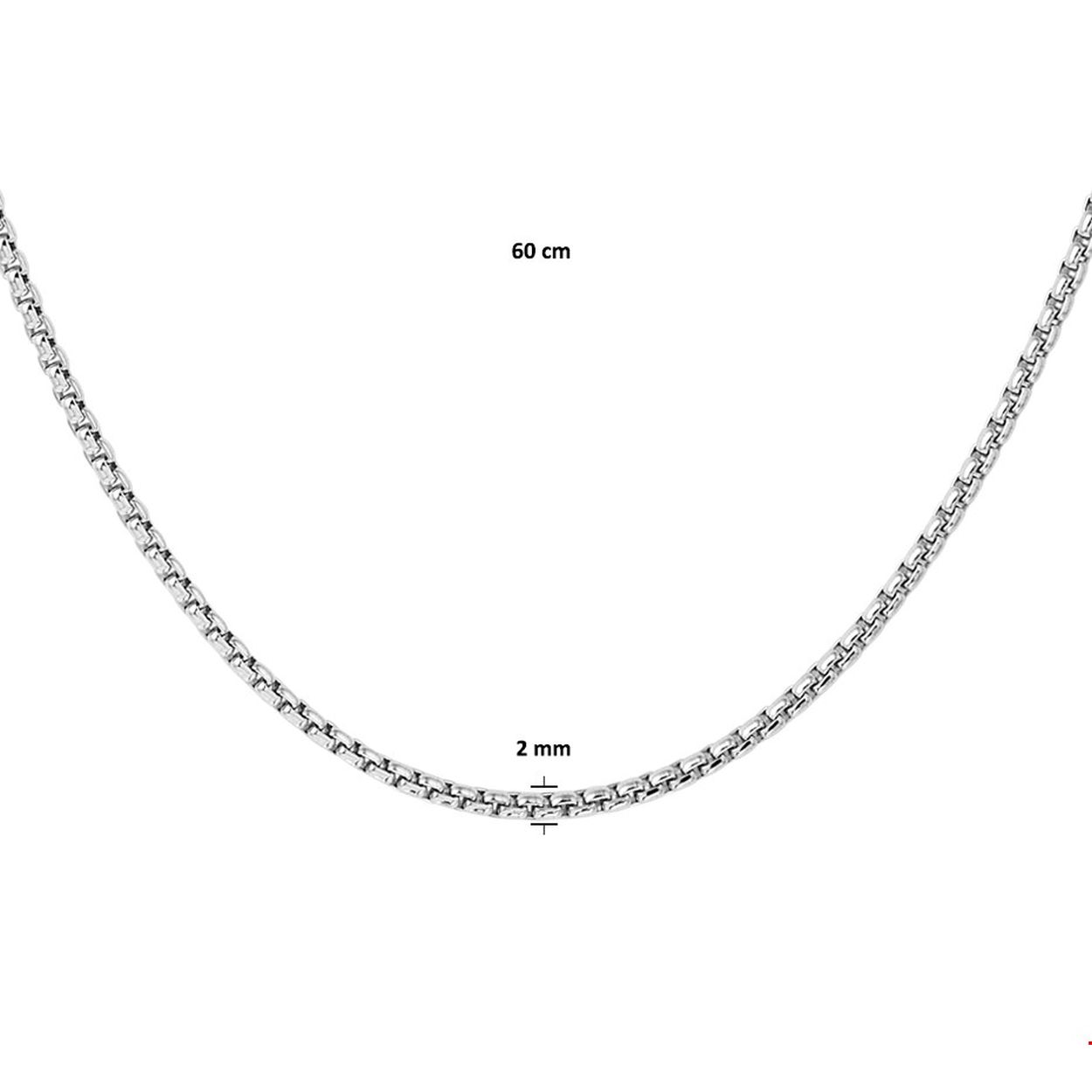 Beschrijving: Gerhodineerd zilveren collier met een venetiaanse schakel van 2mm. Het collier heeft een draaglengte van 60cm en is uitgevoerd met een stevige karabijn sluiting. Info: Gerhodineerd zilver is door de rhodiumlaag beter bestand tegen verkleuren en krassen.