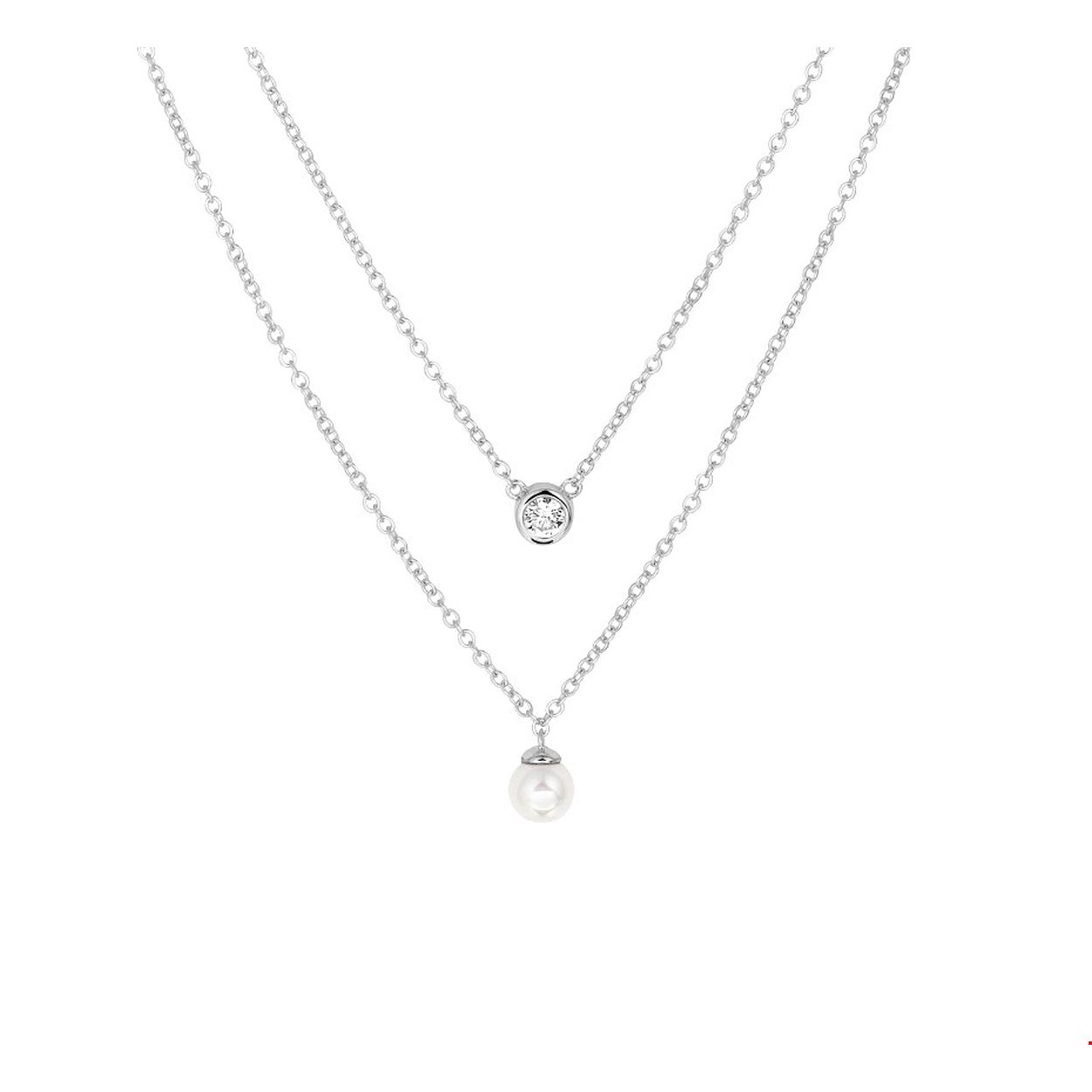 Beschrijving: Trendy gerhodineerd zilveren dubbel collier uitgevoerd met een synthetische parel van 4.5mm en een heldere zirkonia in een zetkast van 4mm. Het collier is voorzien van een stevige karabijn sluiting. Tip: Leuk om kado te geven! Zie je ze al stralen?