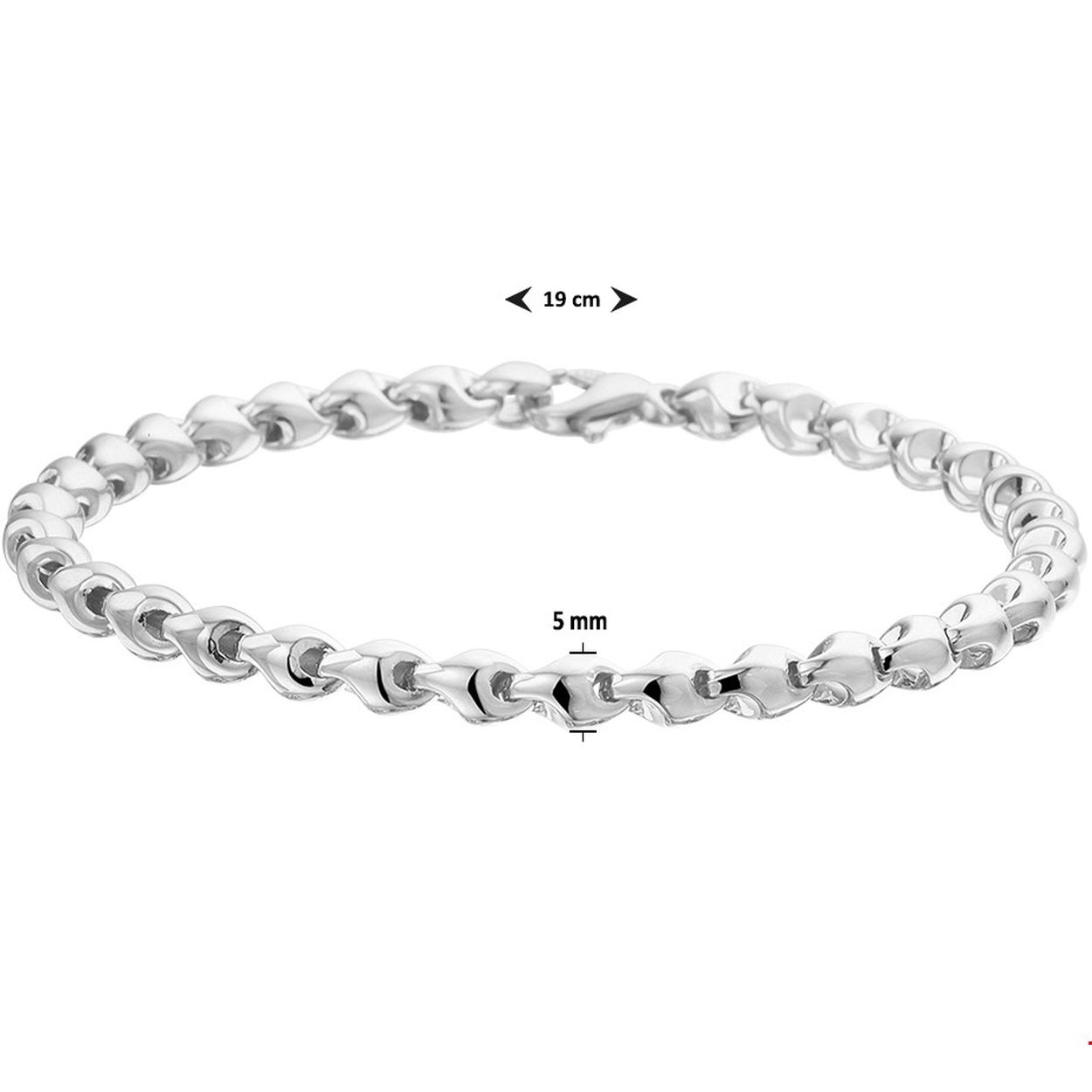 Gerhodineerd zilveren armband uitgevoerd met een fantasie schakel van 5mm breed. De armband heeft een draaglengte van 19cm en is uitgevoerd met een stevige karabijn sluiting. Info: Gerhodineerd zilver is door de rhodiumlaag beter bestand tegen verkleuren en krassen.