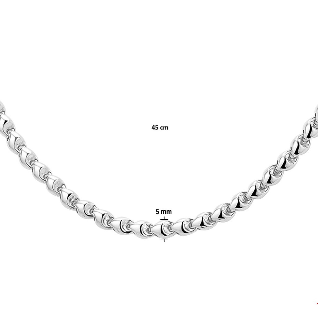 Beschrijving: Gerhodineerd zilveren collier uitgevoerd met een fantasie schakel van 5mm breed. Het collier heeft een draaglengte van 45cm en is uitgevoerd met een stevige karabijn sluiting. Info: Gerhodineerd zilver is door de rhodiumlaag beter bestand tegen verkleuren en krassen.