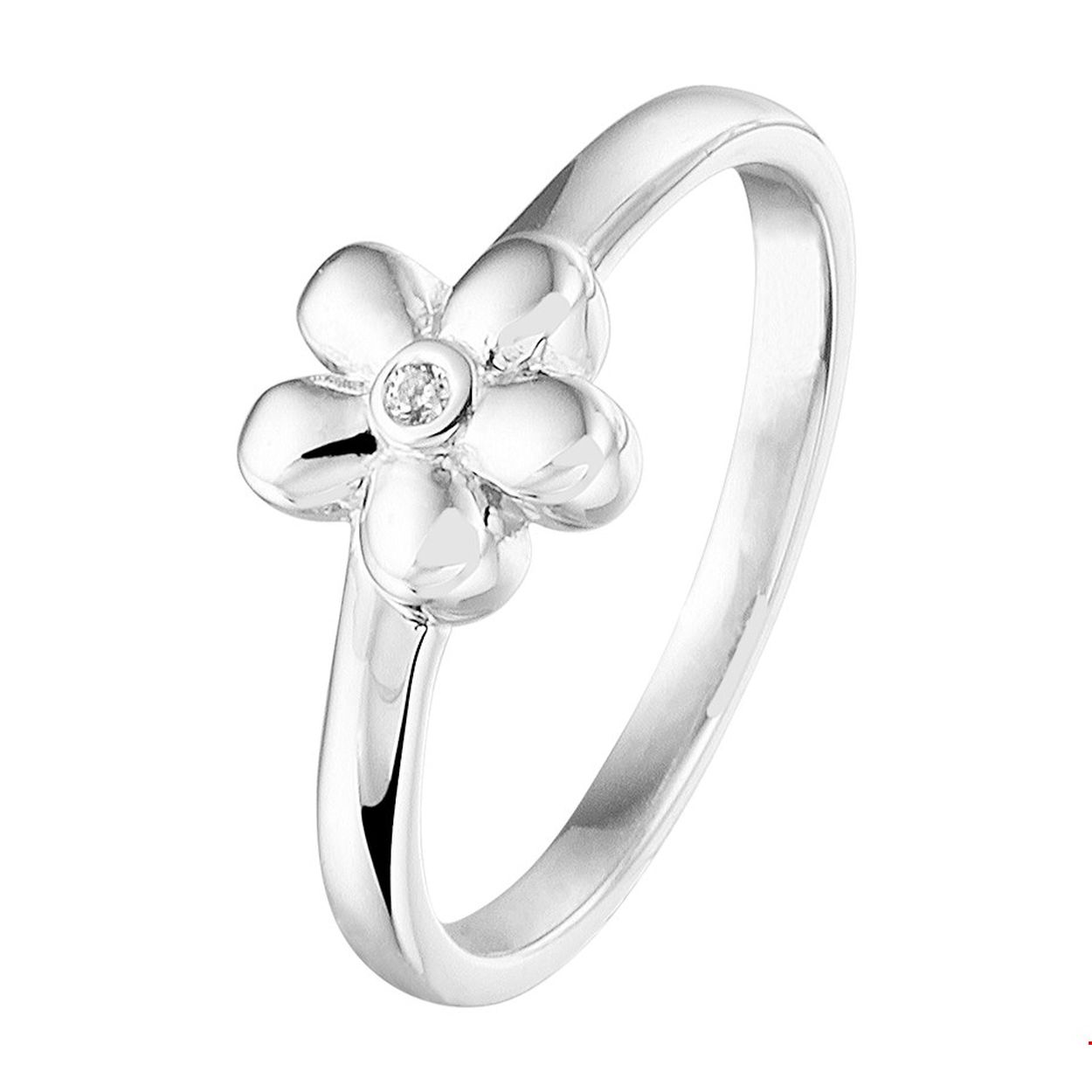 Gerhodineerd zilveren ring in de vorm van een bloem. Uitgevoerd met een schitterende zirkonia. Tip: Leuk om kado te geven! Zie je ze al stralen?