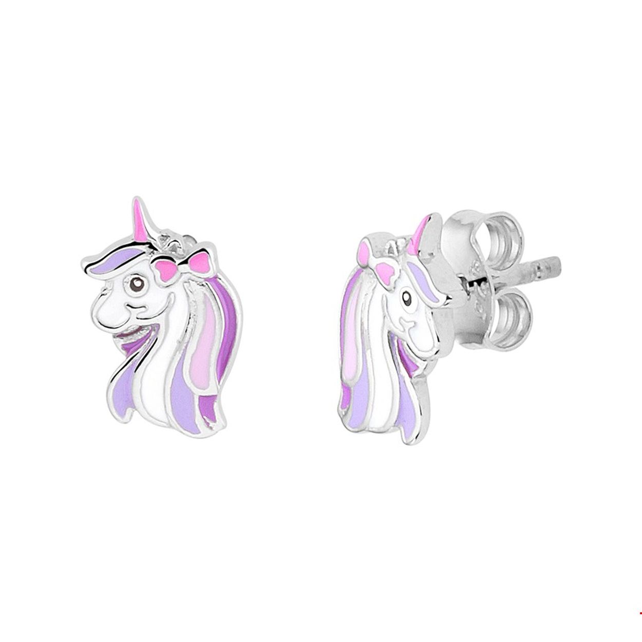 Schattige gerhodineerd zilveren fantasie eenhoorn oorknoppen met een afmeting van 10.5x6.5mm. Deze oorknoppen zijn perfect te combineren met bijpassende sieraden uit onze collectie. Tip: Leuk om kado te geven zie je ze al stralen!? Info: Gerhodineerd zilver is door de rhodiumlaag beter bestand tegen verkleuren en krassen.