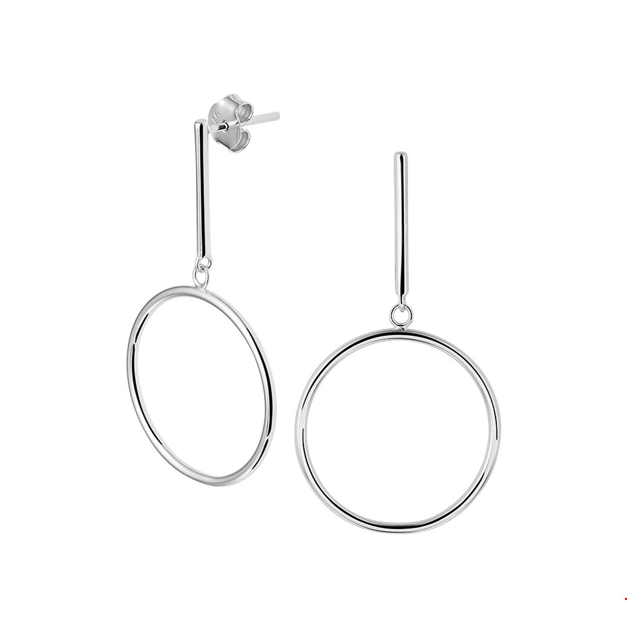 Beschrijving: Trendy gerhodineerd zilveren oorhangers met een balkje en een rondje van 21mm. De oorhangers hebben een totale hoogte van 3.8cm en hebben een poli afwerking.
