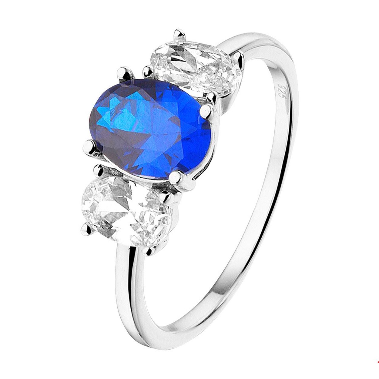 Beschrijving: Gerhodineerd zilveren ring uitgevoerd met een schitterende rij van zirkonia en een synthetische saffier. Glam up your outfit! Deze ring sprankelt je tegemoet en geeft je look direct een chique uitstraling.