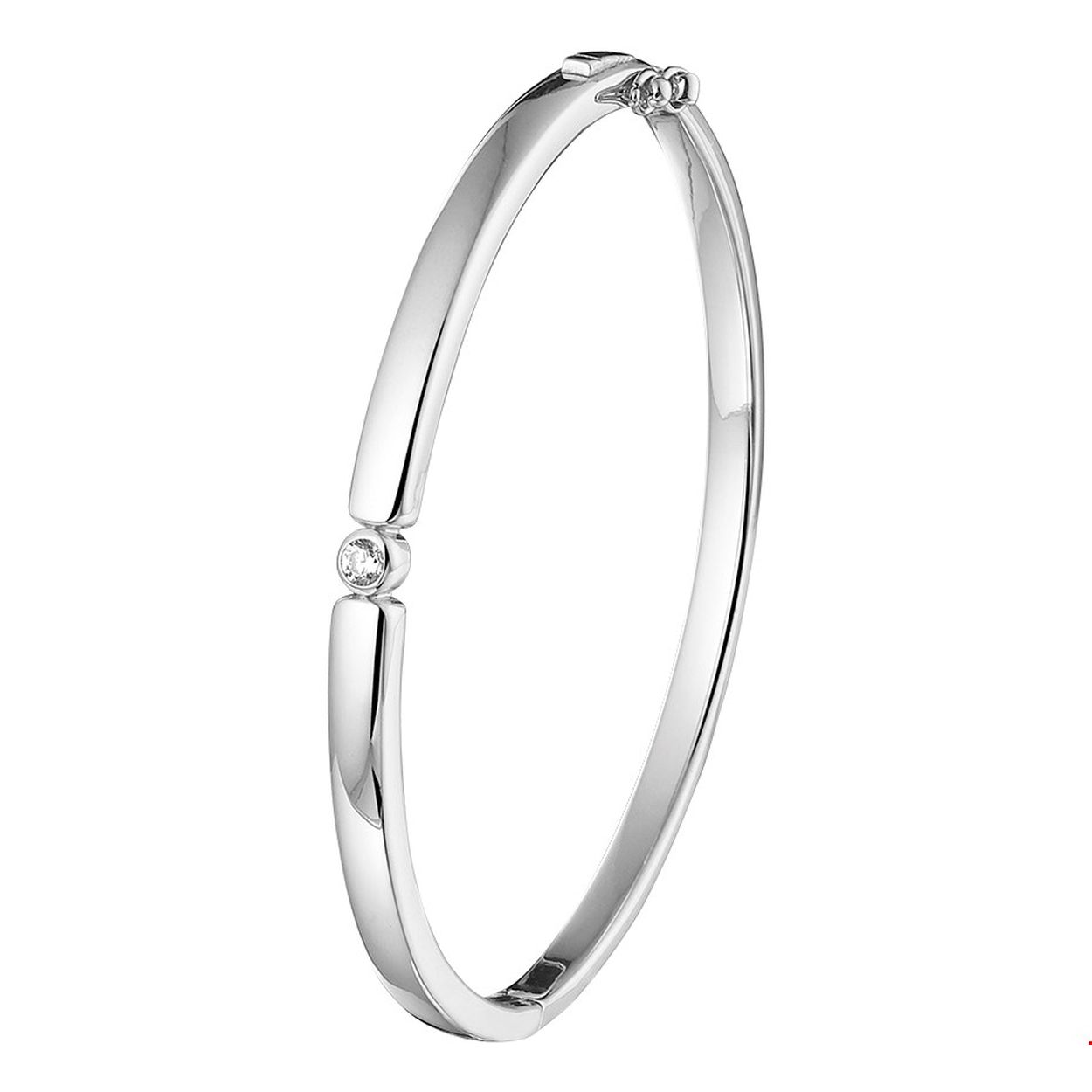 Gerhodineerd zilveren bangle uitgevoerd met een zetkast met een schitterende zirkonia.