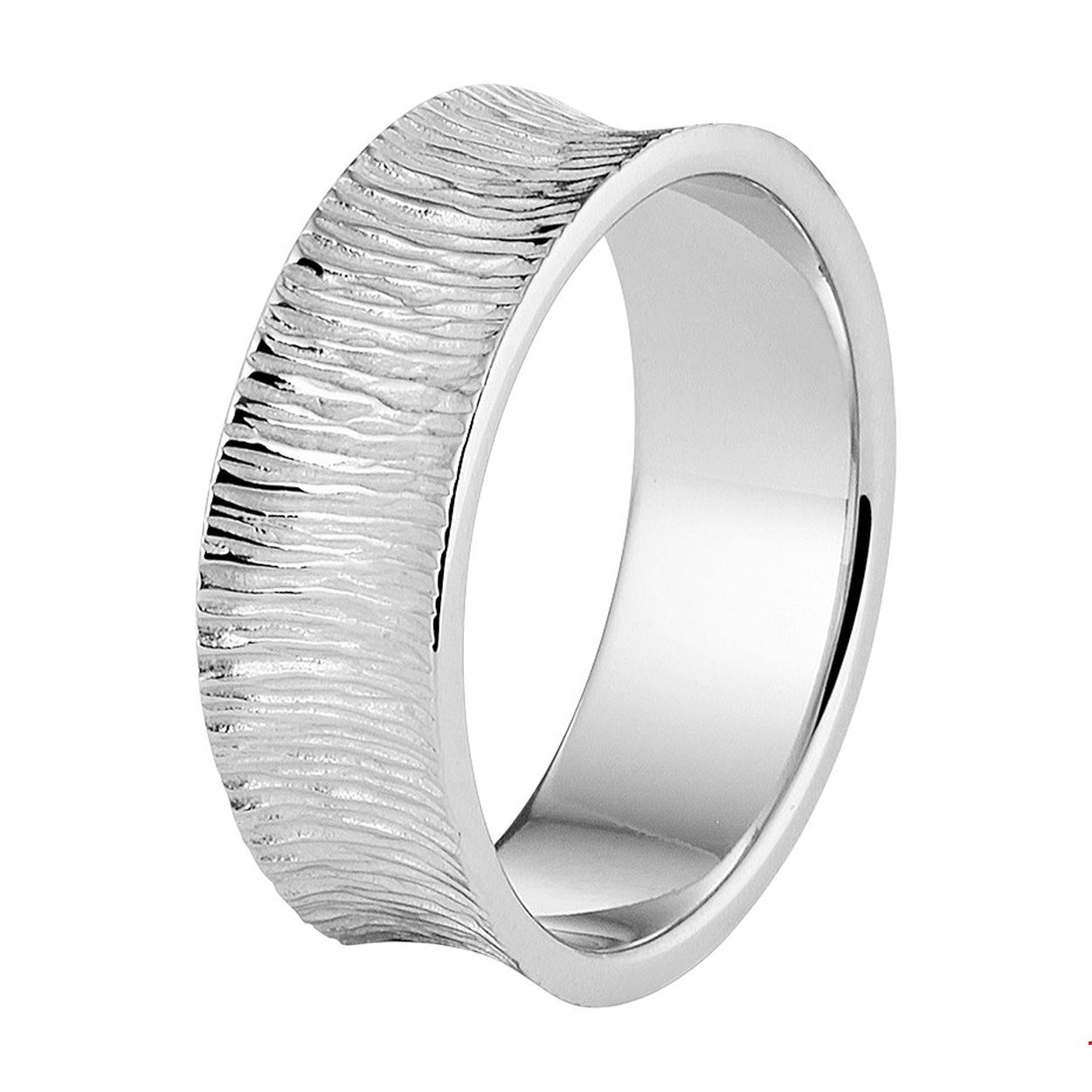 Stijlvolle gerhodineerd zilveren ring met een bijzonder structuur design. De ring heeft een breedte van 7mm. Info: Gerhodineerd zilver is door de rhodiumlaag beter bestand tegen verkleuren en krassen.