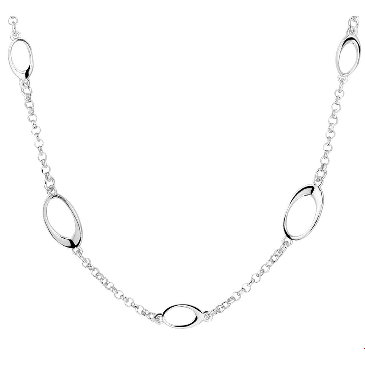 Gerhodineerd zilveren jasseron collier uitgevoerd met poli afgewerkte ovaaltjes met breedtes van 4.5 en 7mm. Het collier is voorzien van een karabijn sluiting en voegt een subtiele hoeveelheid glamour toe aan iedere outfit.