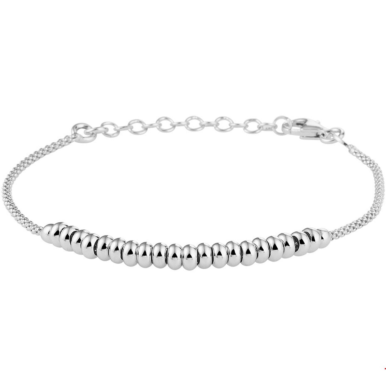 Beschrijving: Gerhodineerd zilveren armband met een draaglengte van 16cm en een extensie van 3cm. Uitgevoerd met platte bolletjes van 4mm breed en een stevige karabijn sluiting. Info: Gerhodineerd zilver is door de rhodiumlaag beter bestand tegen verkleuren en krassen.