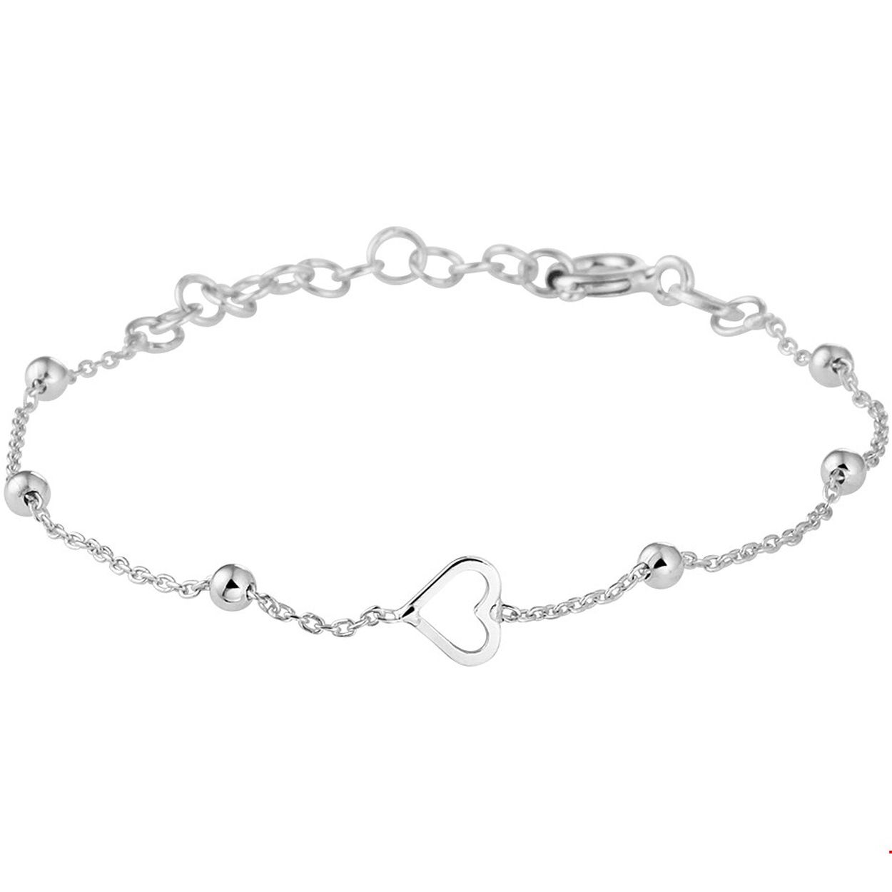 Beschrijving: Schattig fijn gerhodineerd zilveren armband met in het midden een open hart met een afmeting van 5.5x5.5mm en poli afgewerkte bolletjes van 2.5mm. De armband heeft een draaglengte van 13cm en een extensie van 3cm. Totale lengte is 16cm.
