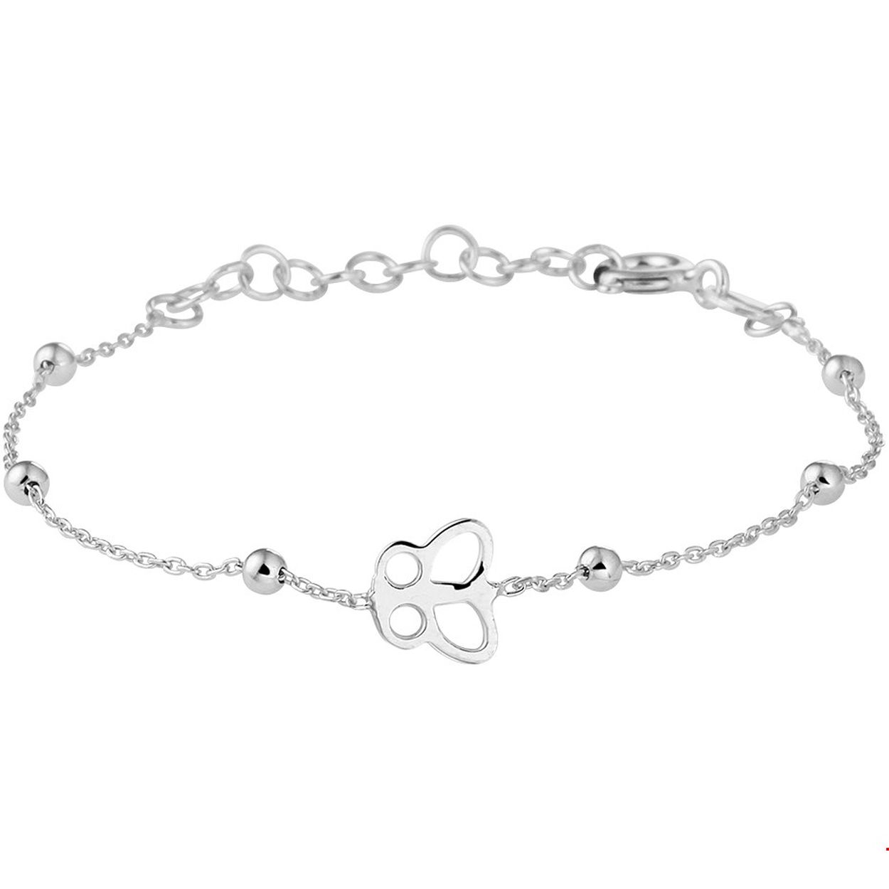 Beschrijving: Schattig fijn gerhodineerd zilveren armband met in het midden een open vlindertje met een breedte van 7.5mm en poli afgewerkte bolletjes van 2.5mm. De armband heeft een draaglengte van 13cm en een extensie van 3cm.
