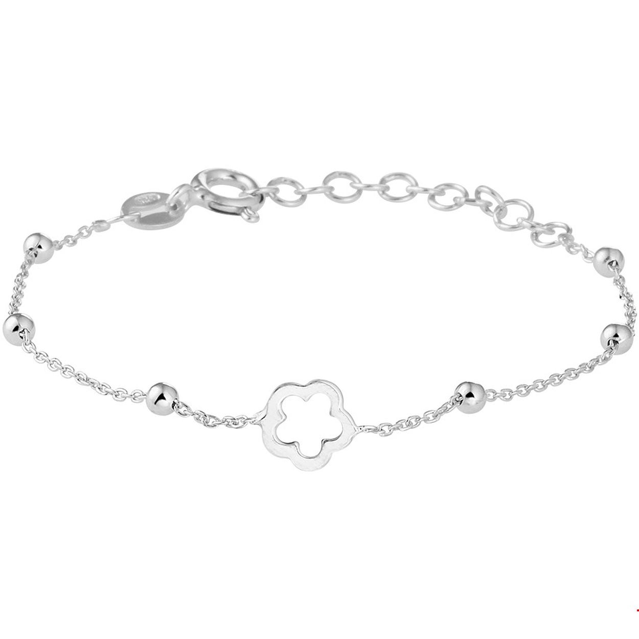 Beschrijving: Schattig fijn gerhodineerd zilveren armband met in het midden een open bloem met een afmeting van 7mm en poli afgewerkte bolletjes van 2.5mm. De armband heeft een draaglengte van 13cm en een extensie van 3cm.