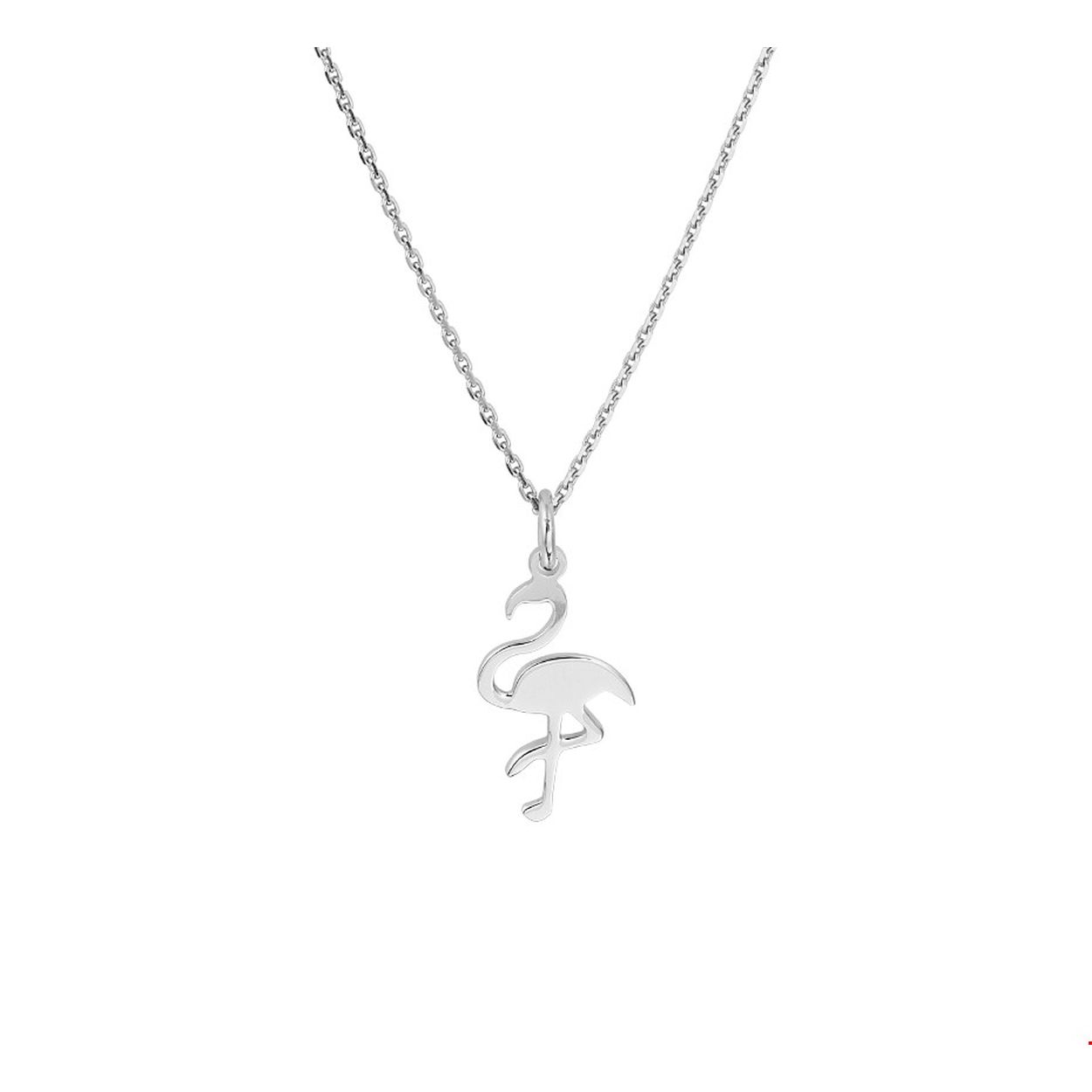 Trendy gerhodineerd zilveren collier met flamingo hanger met een hoogte van 2.5cm. Het collier heeft een draaglengte van 41cm en een extensie van 4cm. Uitgevoerd met een stevige karabijn sluiting.