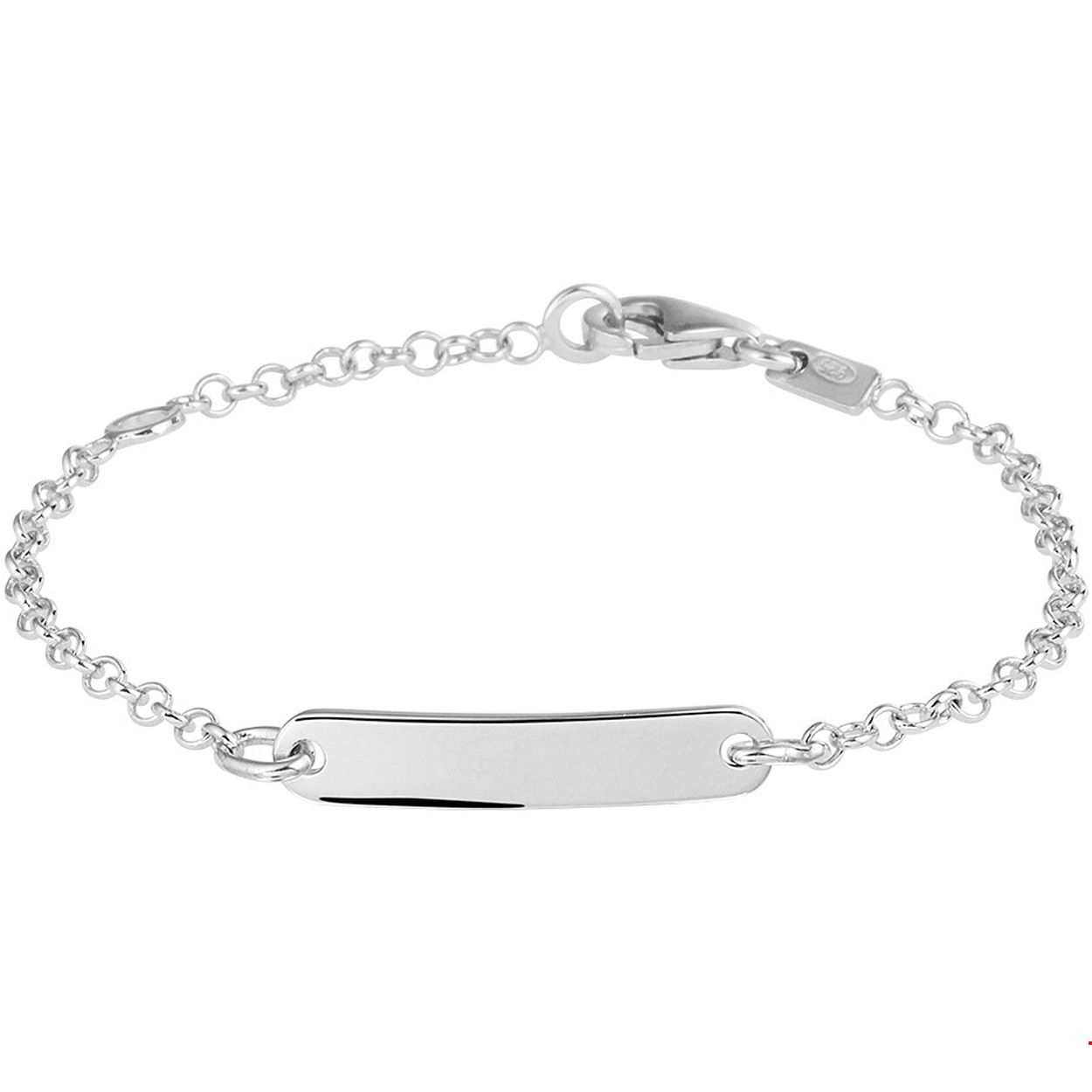 Gerhodineerd zilveren kinder graveerarmband uitgevoerd met een plaat van 4x20mm en een karabijn sluiting. Info: Gerhodineerd zilver is door de rhodiumlaag beter bestand tegen verkleuren en krassen.