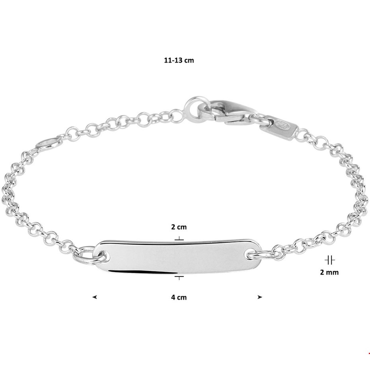 Beschrijving: Gerhodineerd zilveren kinder graveerarmband uitgevoerd met een plaat van 4x20mm en een karabijn sluiting. Info: Gerhodineerd zilver is door de rhodiumlaag beter bestand tegen verkleuren en krassen.