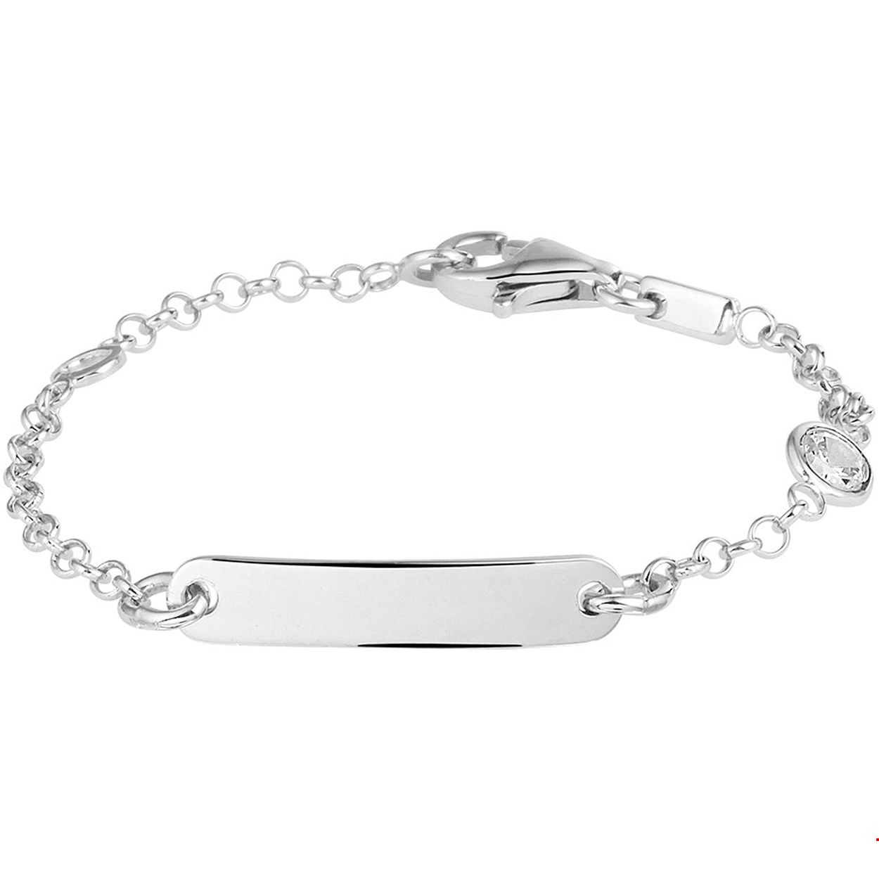 Beschrijving: Gerhodineerd zilveren kinder graveerarmband uitgevoerd met een plaat van 4x20mm, een karabijn sluiting en een heldere zirkonia. Info: Gerhodineerd zilver is door de rhodiumlaag beter bestand tegen verkleuren en krassen.