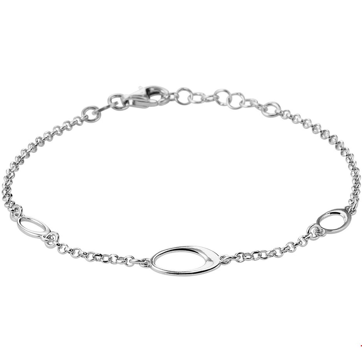 Gerhodineerd zilveren jasseron armband uitgevoerd met poli afgewerkte ovaaltjes met breedtes van 4.5 en 7mm. De armband is voorzien van een karabijn sluiting en voegt een subtiele hoeveelheid glamour toe aan iedere outfit.