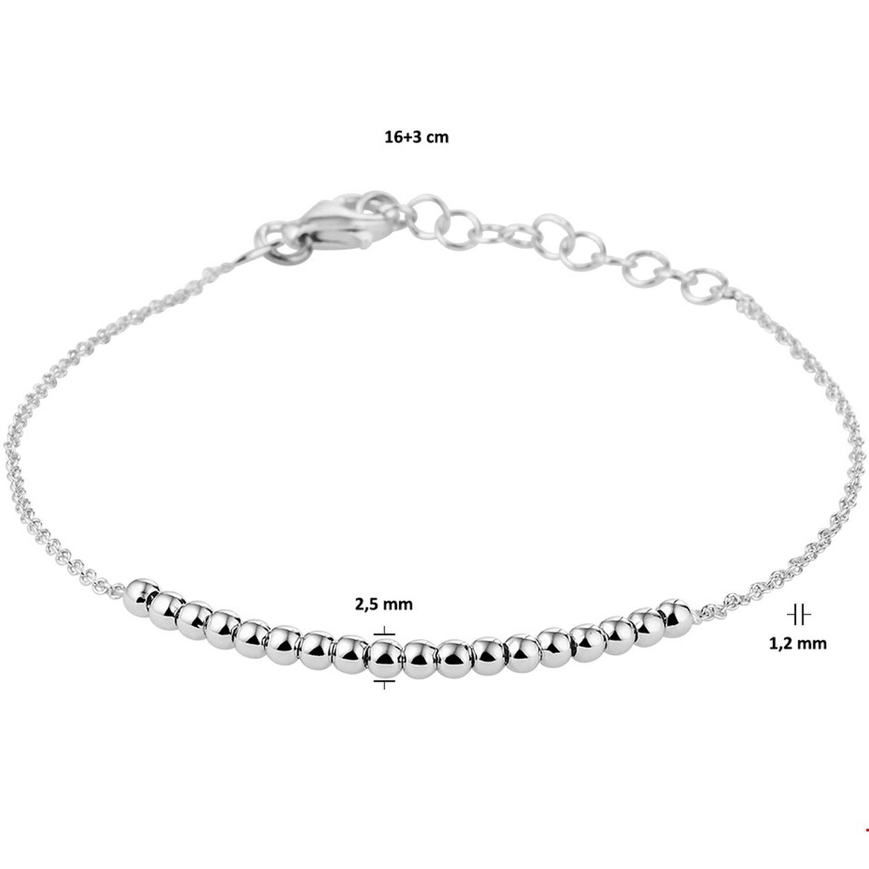 Beschrijving: Trendy gerhodineerd zilveren armband met een draaglengte van 16cm en een extensie van 3cm. Uitgevoerd met bolletjes van 2.5mm in diameter en een stevige karabijn sluiting. Info: Gerhodineerd zilver is door de rhodiumlaag beter bestand tegen verkleuren en krassen.