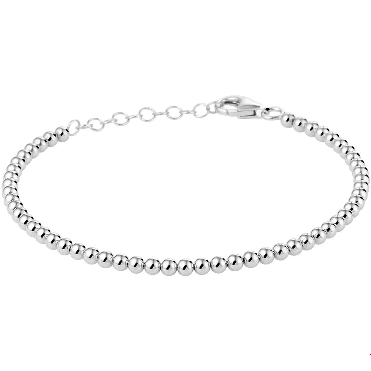 Trendy gerhodineerd zilveren armband met een draaglengte van 16cm en een extensie van 3cm. Uitgevoerd met bolletjes van 3mm in diameter en een stevige karabijn sluiting. Info: Gerhodineerd zilver is door de rhodiumlaag beter bestand tegen verkleuren en krassen.