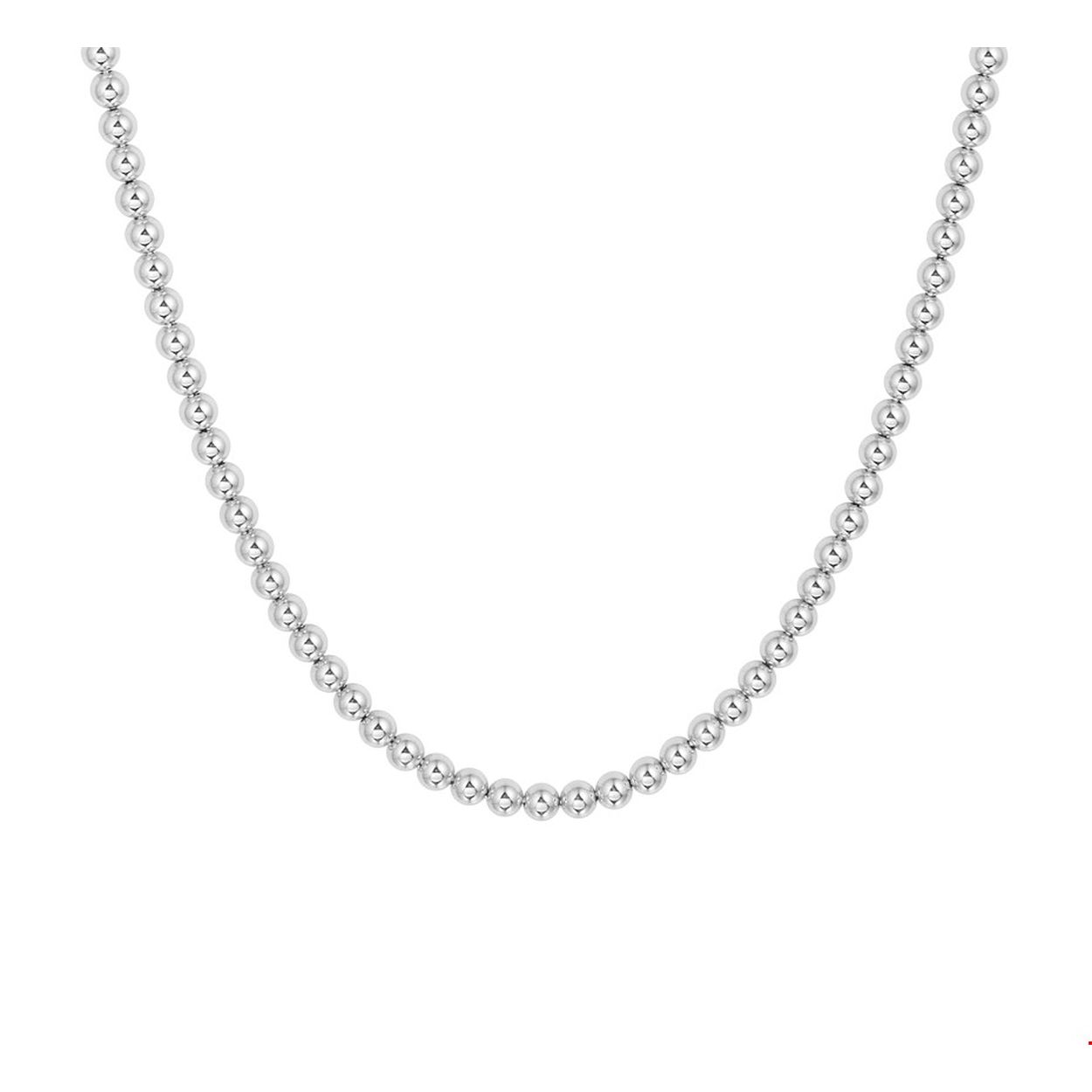 Trendy gerhodineerd zilveren collier met een draaglengte van 40cm en een extensie van 4cm. Uitgevoerd met bolletjes van 3mm in diameter en een stevige karabijn sluiting. Info: Gerhodineerd zilver is door de rhodiumlaag beter bestand tegen verkleuren en krassen.