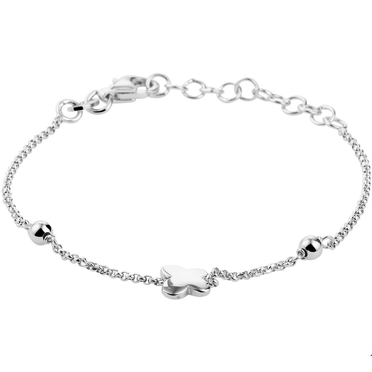 Beschrijving: Schattige fijn gerhodineerd zilveren armband uitgevoerd met een vlinder van 6.5x6mm, poli afgewerkte bolletjes van 3mm en een karabijn sluiting. De armband heeft een draaglengte van 13cm en een extensie van 3cm.