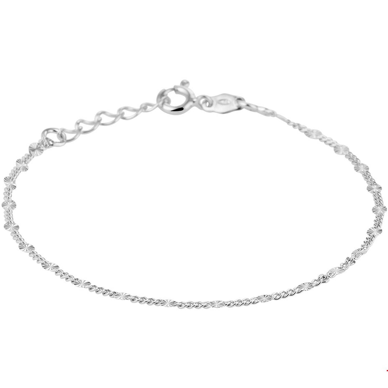 Beschrijving: Stijlvol gerhodineerd zilveren enkelbandje met een draaglengte van 24cm en een extensie van 2cm. Info: Gerhodineerd zilver is door de rhodiumlaag beter bestand tegen verkleuren en krassen.