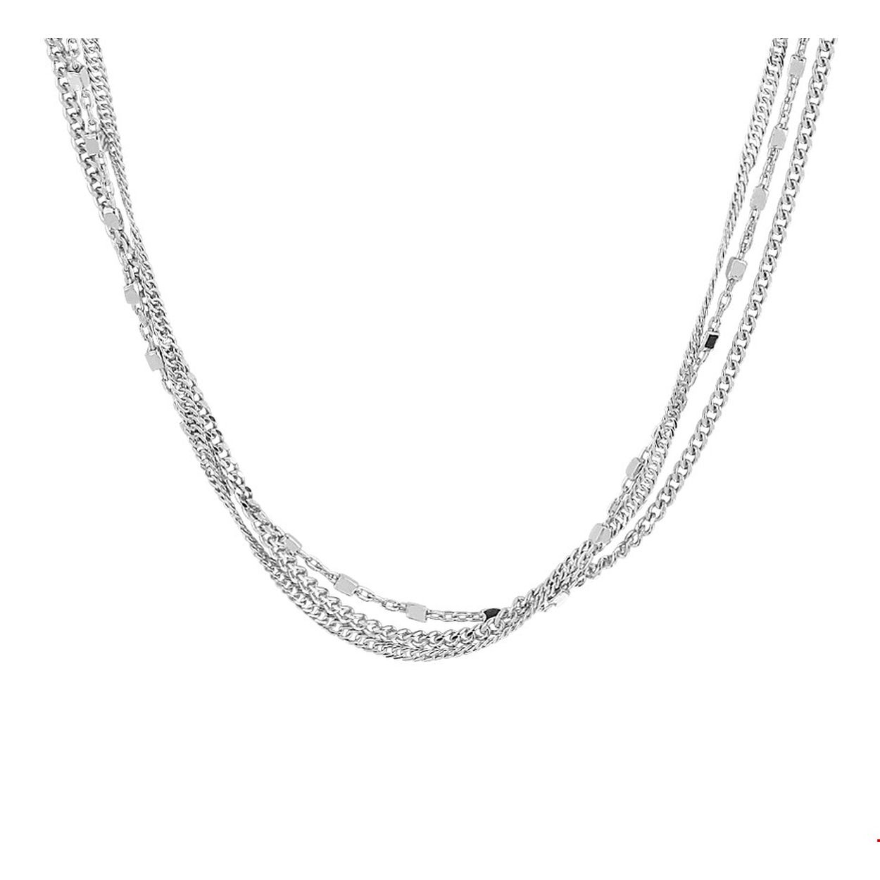 Gerhodineerd zilveren collier met een draaglengte van 40cm en een extensie van 4cm. Het collier bestaat uit drie rijen met verschillende schakels. Uitgevoerd met een stevige karabijn sluiting. Info: Gerhodineerd zilver is door de rhodiumlaag beter bestand tegen verkleuren en krassen.