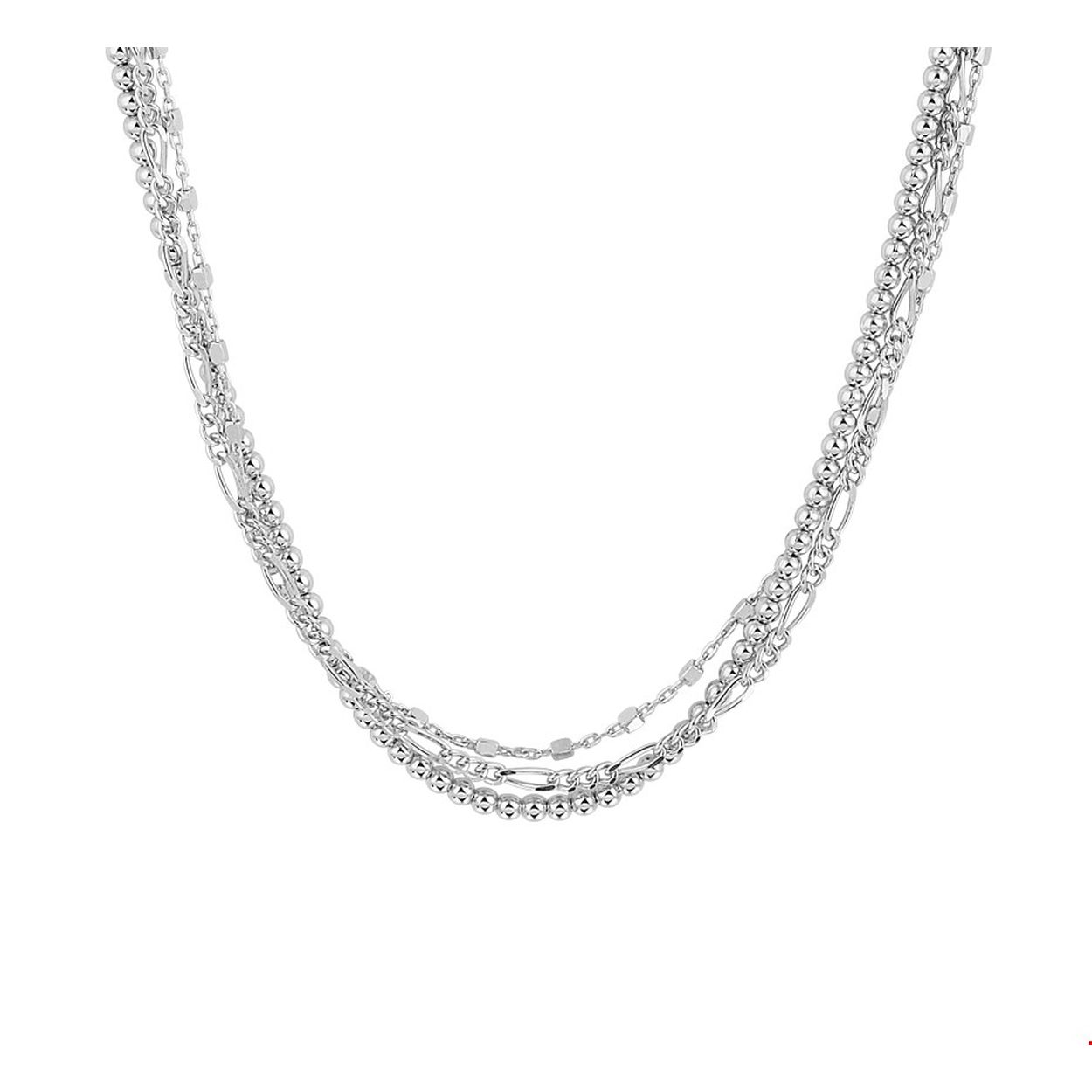 Gerhodineerd zilveren collier met een draaglengte van 40cm en een extensie van 4cm. Het collier bestaat uit drie rijen met verschillende schakels. Uitgevoerd met een stevige karabijn sluiting. Info: Gerhodineerd zilver is door de rhodiumlaag beter bestand tegen verkleuren en krassen.