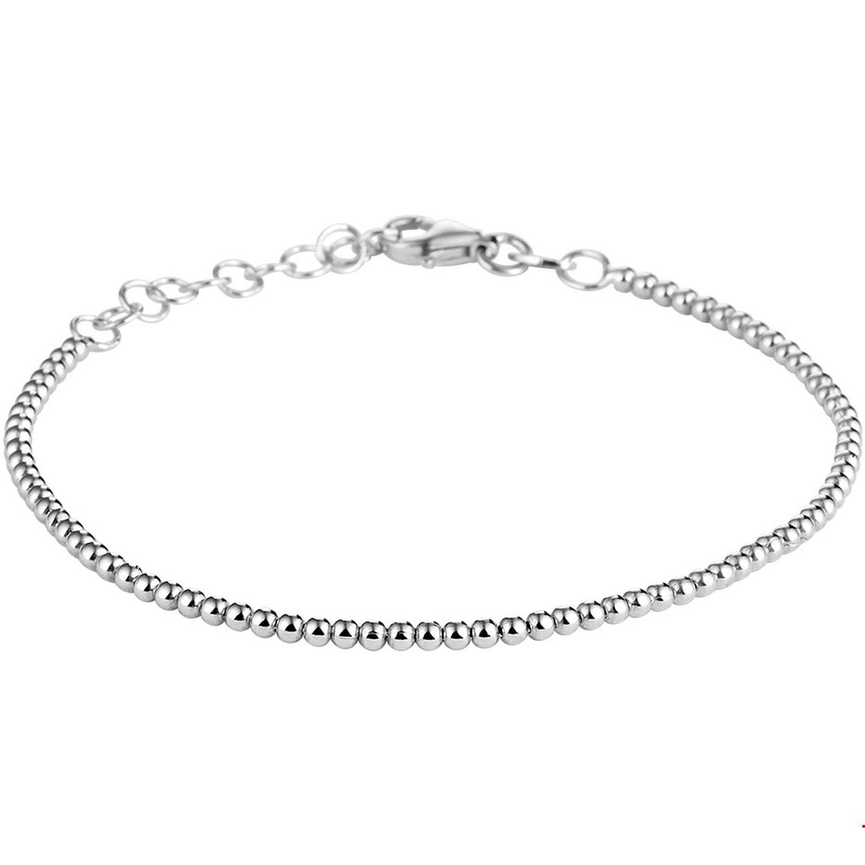 Beschrijving: Trendy gerhodineerd zilveren armband met een draaglengte van 16cm en een extensie van 3cm. Uitgevoerd met bolletjes van 2mm in diameter en een stevige karabijn sluiting. Info: Gerhodineerd zilver is door de rhodiumlaag beter bestand tegen verkleuren en krassen.