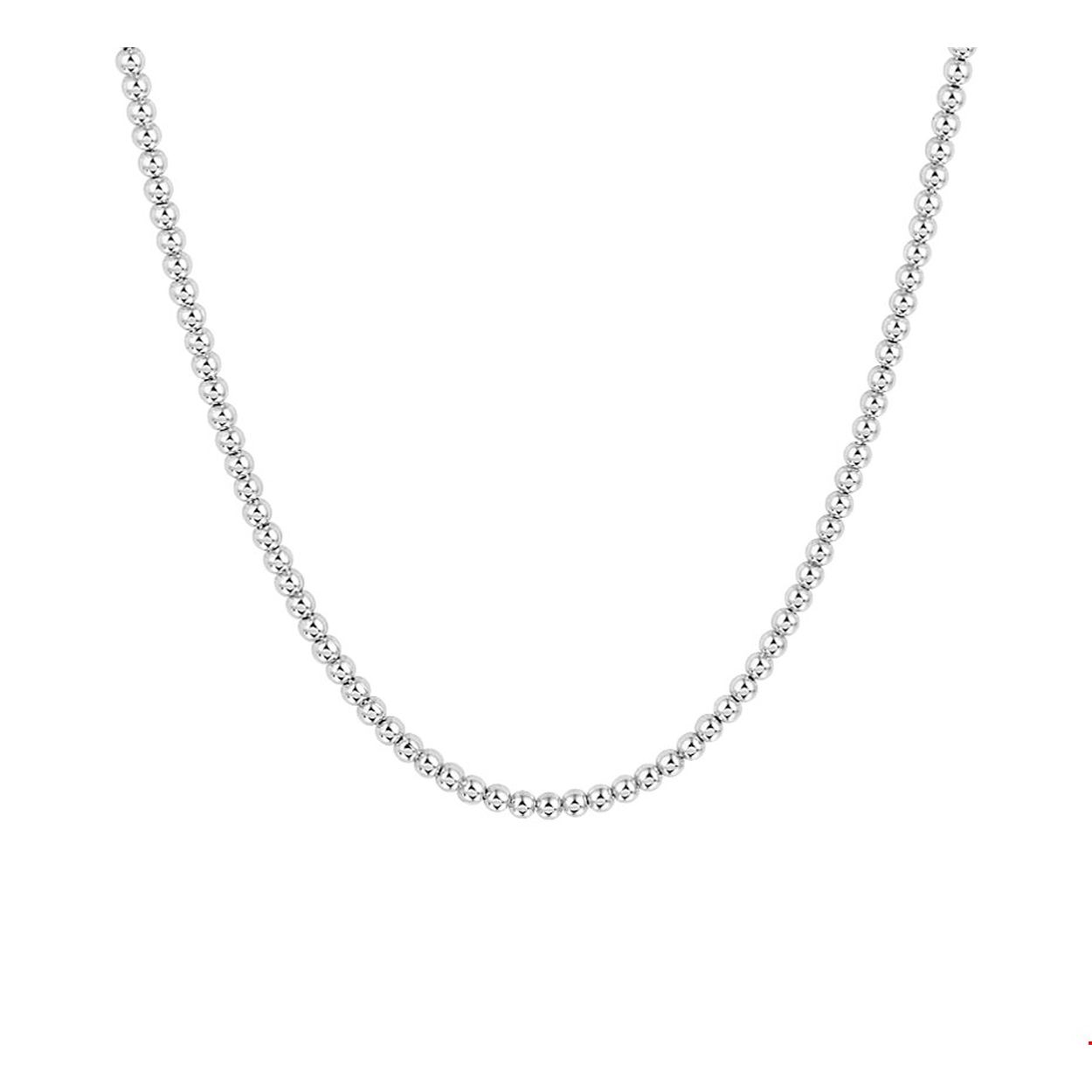 Trendy gerhodineerd zilveren collier met een draaglengte van 40cm en een extensie van 4cm. Uitgevoerd met bolletjes van 2mm in diameter en een stevige karabijn sluiting. Info: Gerhodineerd zilver is door de rhodiumlaag beter bestand tegen verkleuren en krassen.