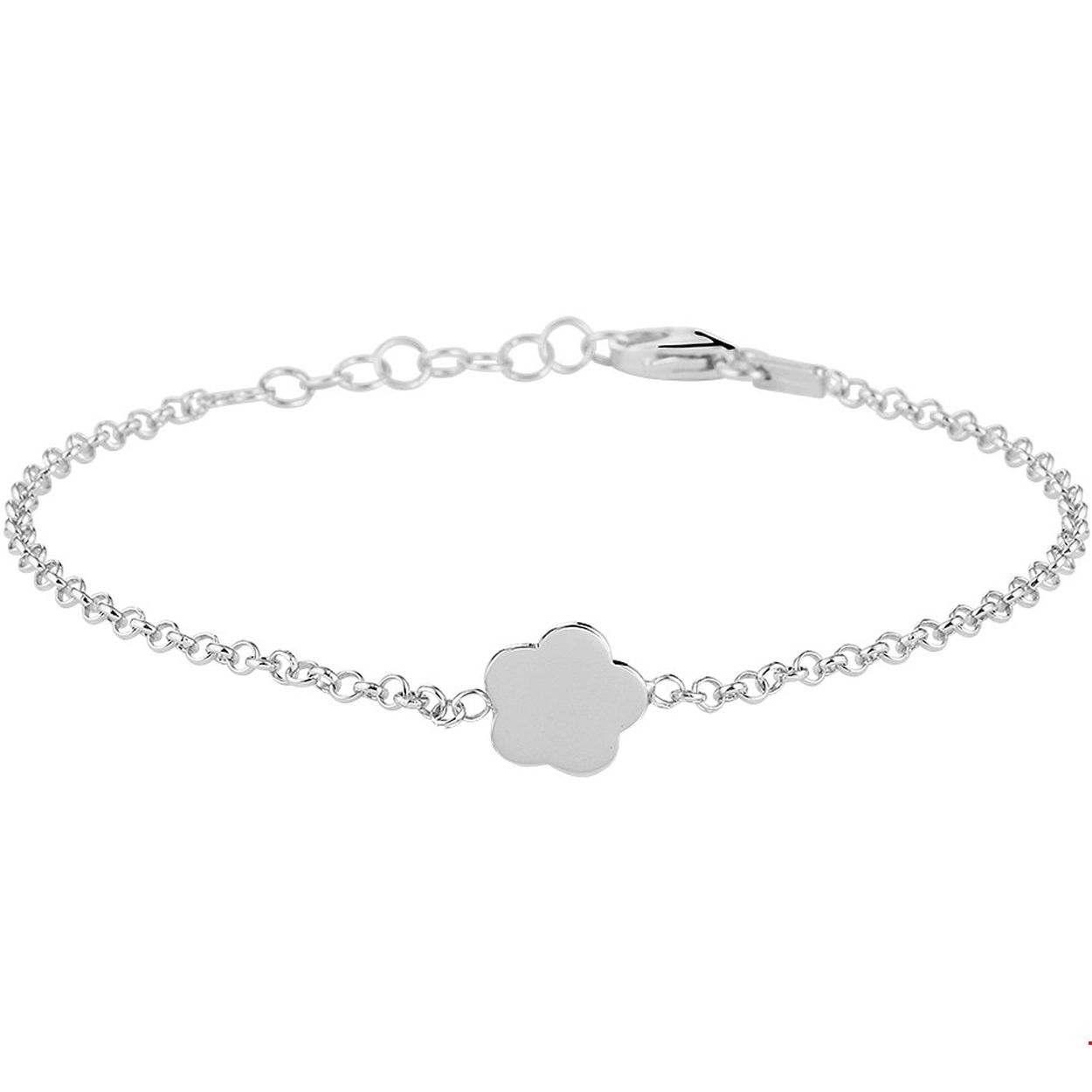 Gerhodineerd zilveren jasseron armband uitgevoerd met een bloem van 9x9mm. De armband heeft een draaglengte van 16cm met een extensie van 3cm en is voorzien van een karabijn sluiting. Info: Gerhodineerd zilver is door de rhodiumlaag beter bestand tegen verkleuren en krassen.