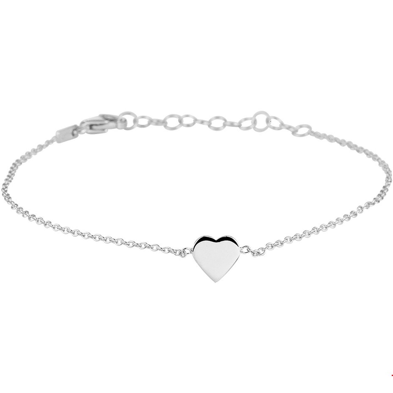 Gerhodineerd zilveren armband uitgevoerd met een poli afgewerkt hart van 7x7mm. De armband heeft een draaglengte van 16cm en een extensie van 3cm. Info: Gerhodineerd zilver is door de rhodiumlaag beter bestand tegen verkleuren en krassen.
