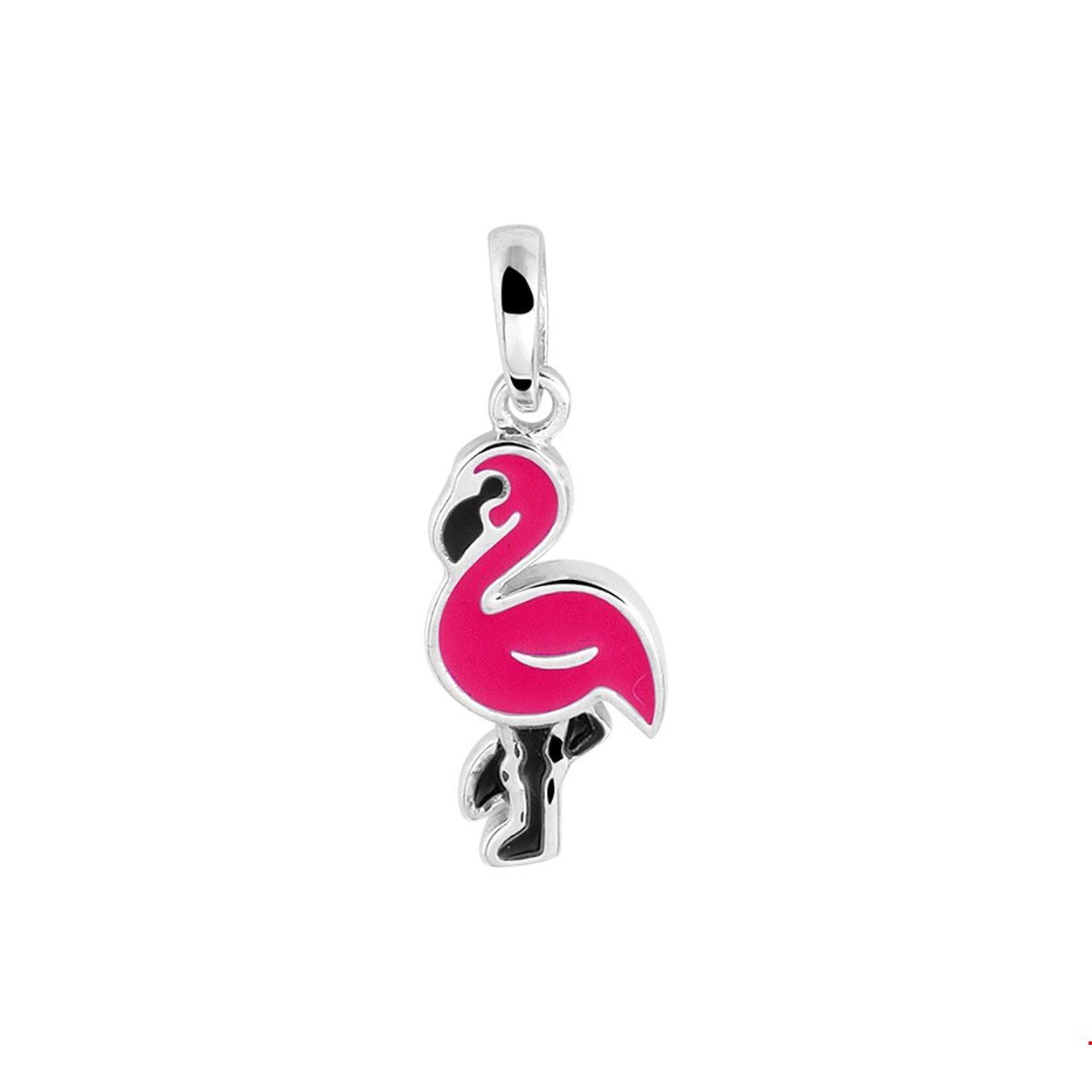 Beschrijving: Gerhodineerd zilveren hanger in de vorm van een flamingo uitgevoerd met emaille. De hanger heeft een totale hoogte van 20mm.