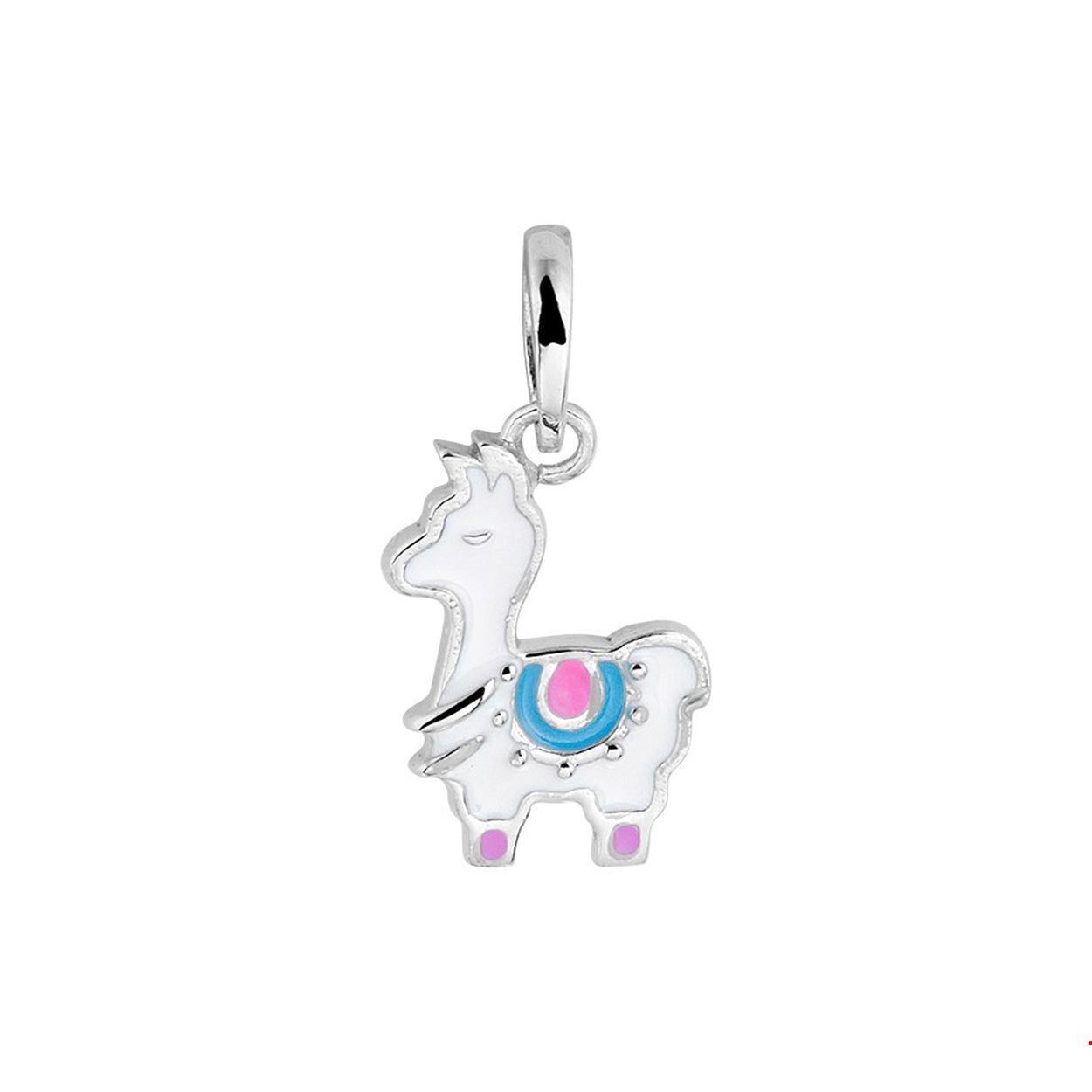 Beschrijving: Gerhodineerd zilveren hanger in de vorm van een alpaca uitgevoerd met emaille. De hanger heeft een totale hoogte van 19mm.