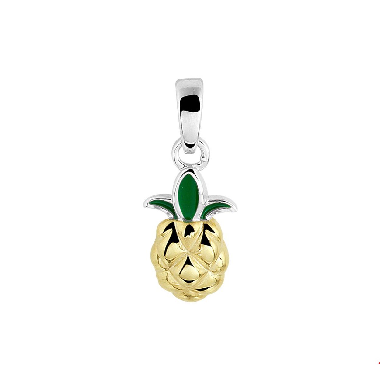 Beschrijving: Gerhodineerd zilveren hanger in de vorm van een ananas uitgevoerd met emaille. De hanger heeft een totale hoogte van 19mm.