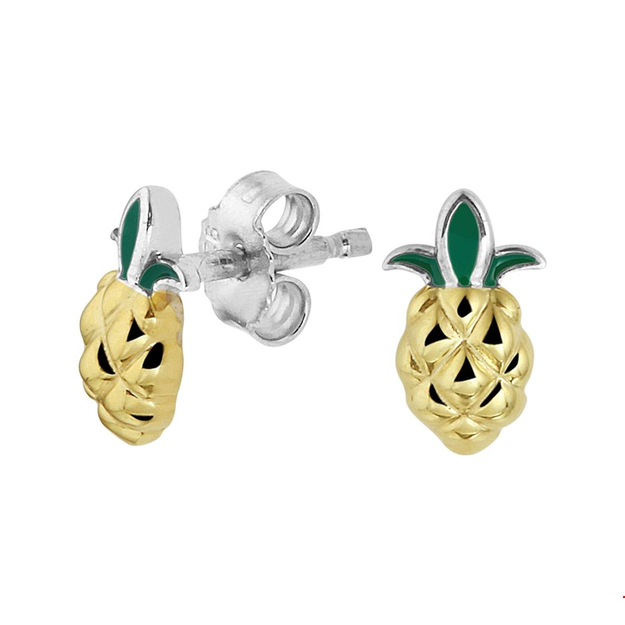 Beschrijving: Gerhodineerd zilveren oorknoppen in de vorm van een ananas uitgevoerd met emaille. De oorknoppen hebben een afmeting van 9x5.5mm.