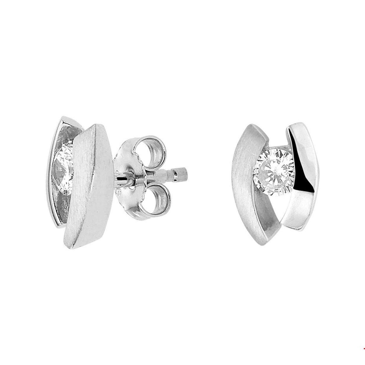 Beschrijving: Gerhodineerd zilveren oorknoppen uitgevoerd met een heldere zirkonia en een poli/matte afwerking. De oorknoppen hebben een afmeting van 8.5x6mm.