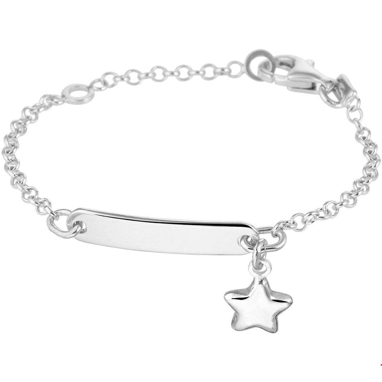 Beschrijving: Gerhodineerd zilveren armband uitgevoerd met een graveerplaatje en een losse ster hanger. De armband heeft draaglengtes van 9 en 11 cm en is voorzien van een stevige karabijn sluiting.