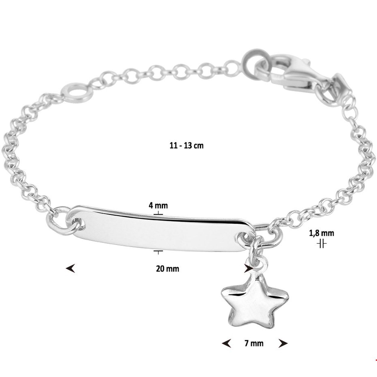 Beschrijving: Gerhodineerd zilveren armband uitgevoerd met een graveerplaatje en een losse ster hanger. De armband heeft draaglengtes van 11 en 13 cm en is voorzien van een stevige karabijn sluiting.