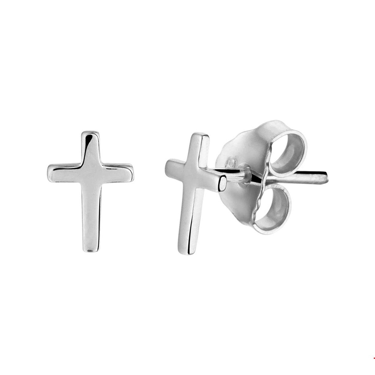 Beschrijving: Gerhodineerd zilveren kruis oorknoppen met een afmeting van 7.5x5mm. Info: Gerhodineerd zilver is door de rhodiumlaag beter bestand tegen verkleuren en krassen.