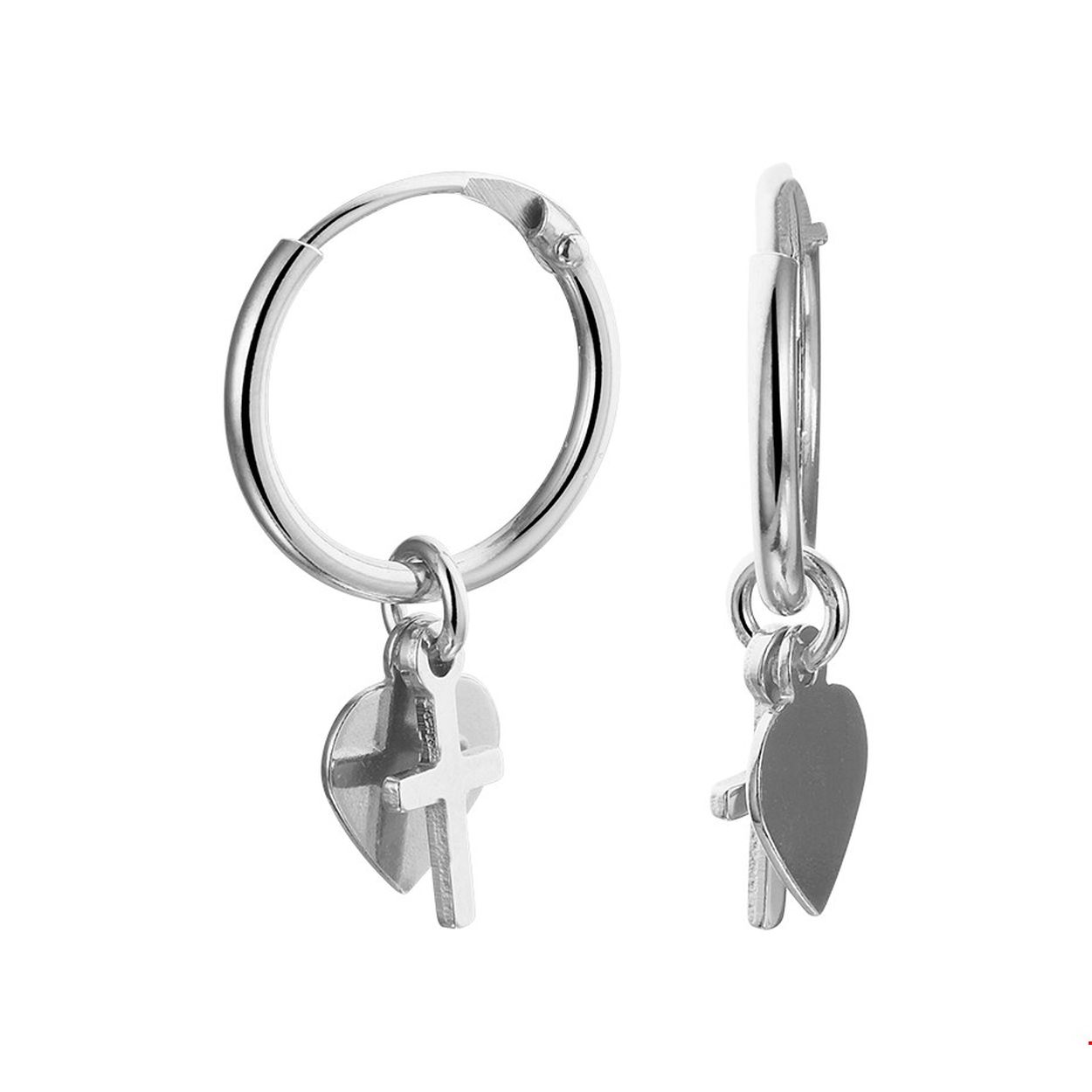 Gerhodineerd zilveren oorringen met een hart en kruis hanger. De oorringen hebben een afmeting van 14x1.5mm. Tip: Leuk om kado te geven! Info: Gerhodineerd zilver is door de rhodiumlaag beter bestand tegen verkleuren en krassen.