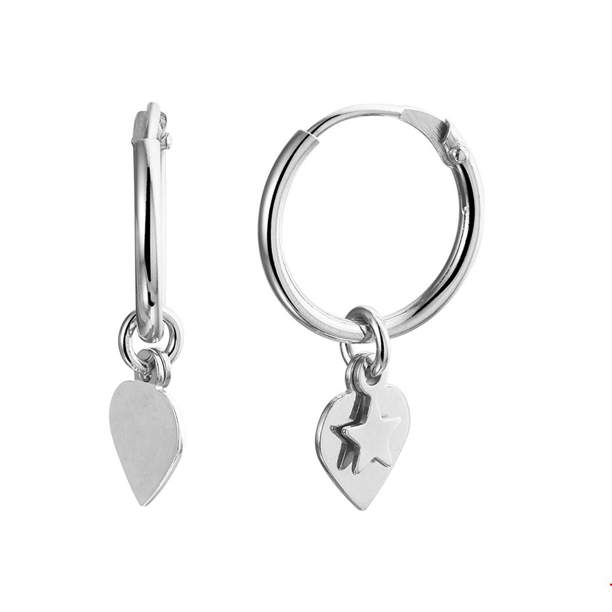 Beschrijving: Gerhodineerd zilveren oorringen met een hart en ster hanger. De oorringen hebben een afmeting van 14x1.5mm. Tip: Leuk om kado te geven! Info: Gerhodineerd zilver is door de rhodiumlaag beter bestand tegen verkleuren en krassen.