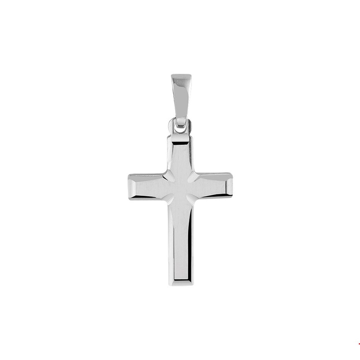 Gerhodineerd zilveren hanger in de vorm van een kruis. Het kruis heeft een afmeting van 18.5x12mm.