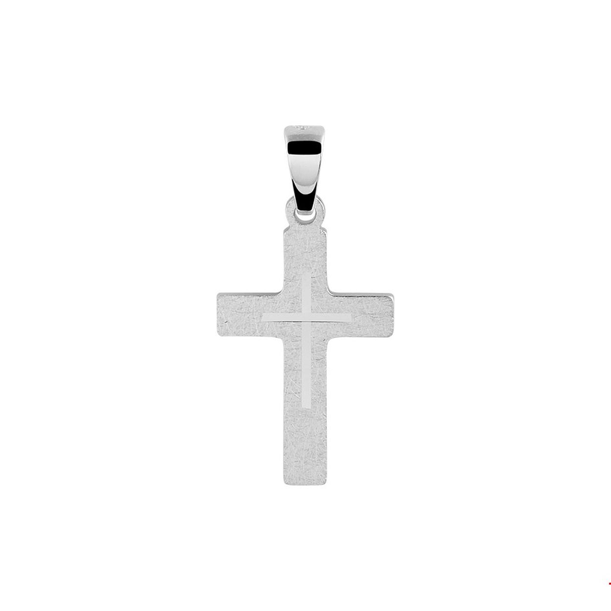 Beschrijving: Gerhodineerd zilveren hanger in de vorm van een kruis. Het kruis heeft een afmeting van 18.5x12mm.