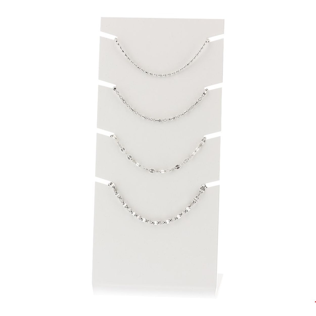 Beschrijving: Kunststof enkelbandjes display inclusief 4 trendy gerhodineerd zilveren enkelbandjes. Het display is voorzien van wit gespoten lak met een matte afwerking.