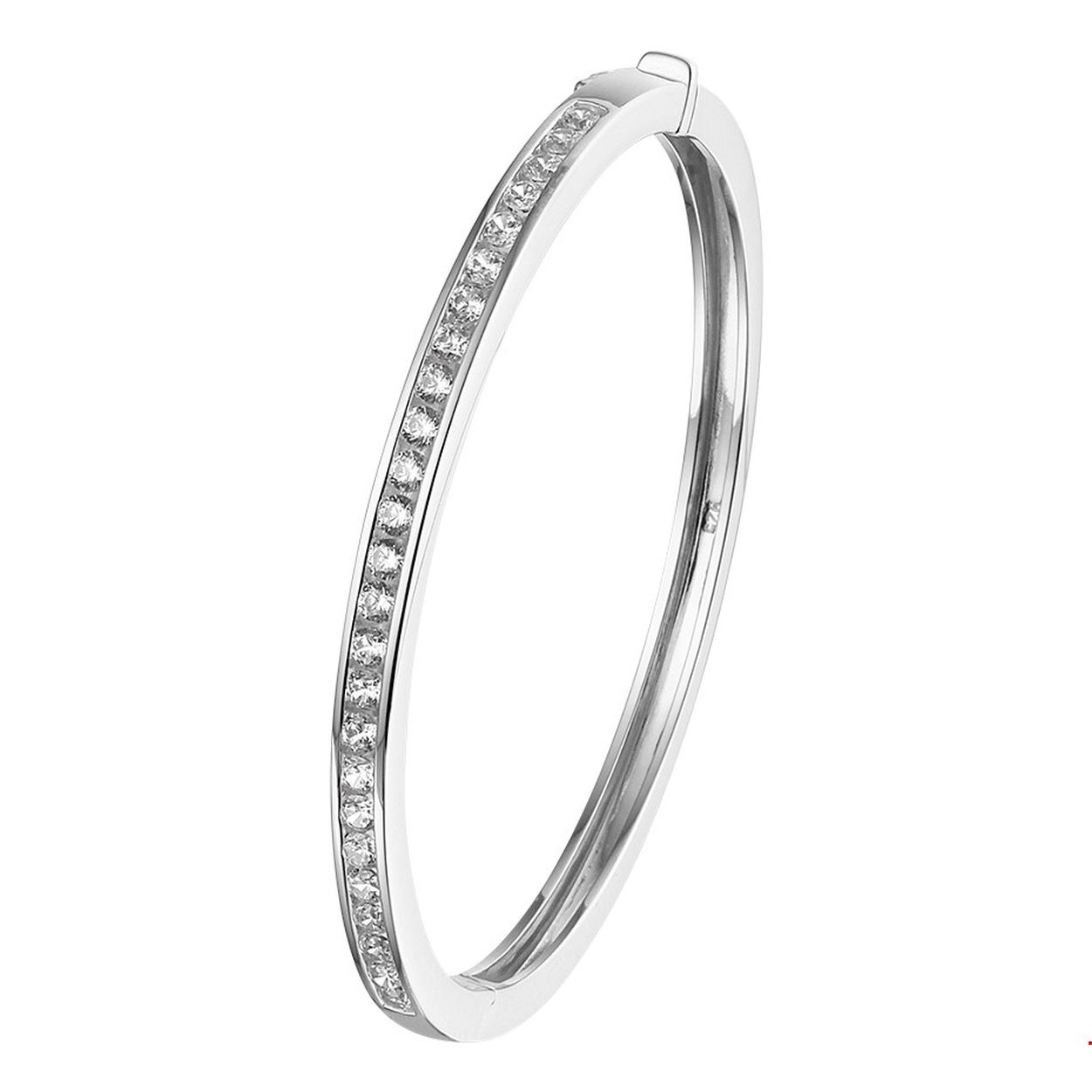Beschrijving: Gerhodineerd zilveren bangle uitgevoerd met een schitterende rij van zirkonia en een scharnier-sluiting. De bangle heeft een diameter van 54mm.